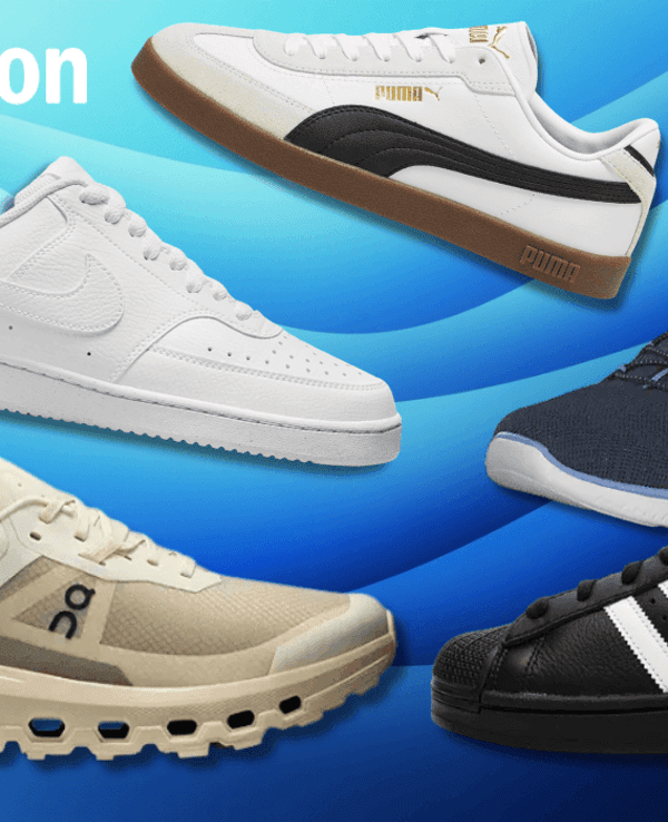ON, Nike, Puma, Skechers und adidas Sneaker vor einem blauen Hintegrund.