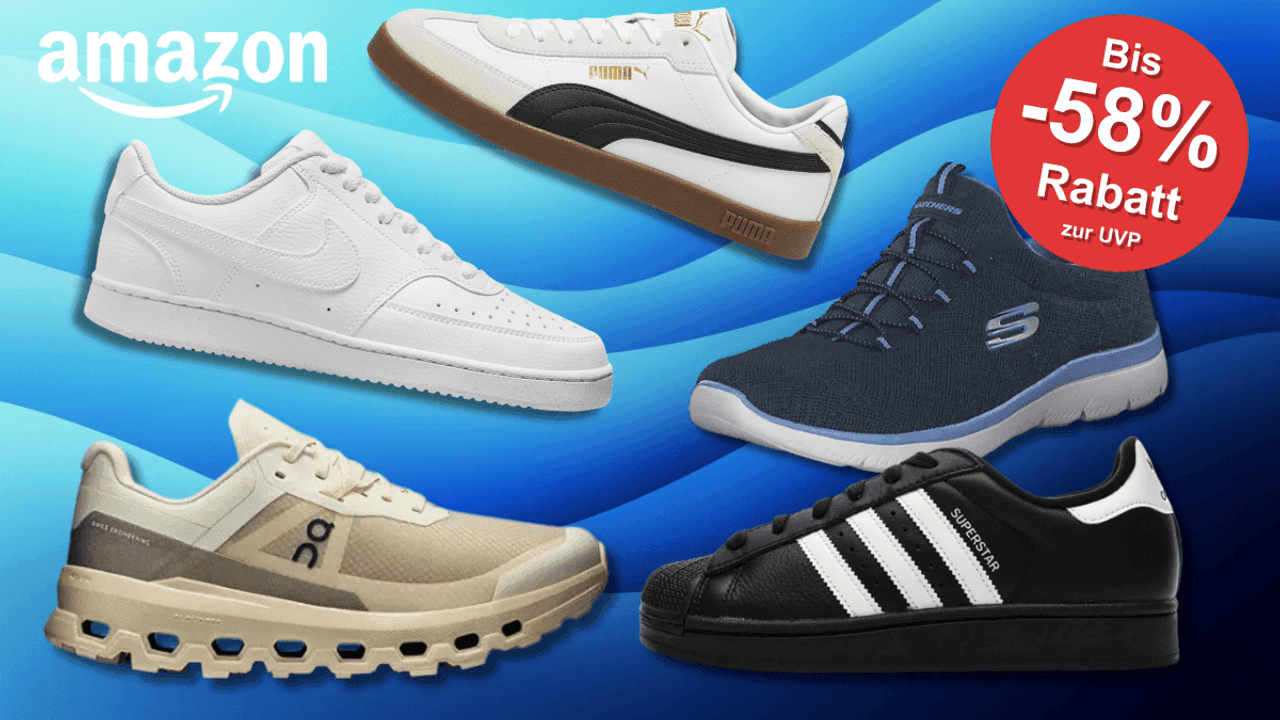 ON, Nike, Puma, Skechers und adidas Sneaker vor einem blauen Hintegrund.