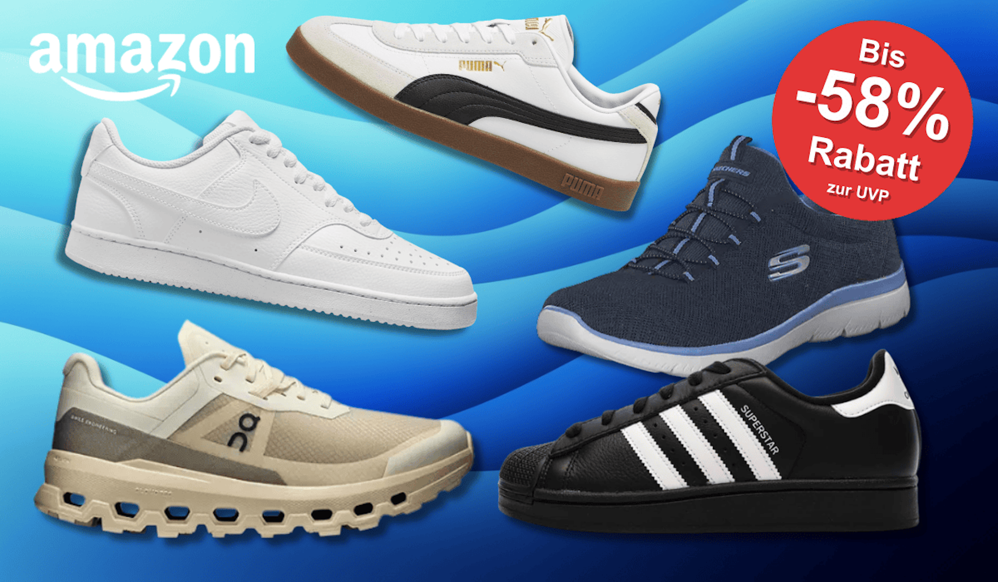 ON, Nike, Puma, Skechers und adidas Sneaker vor einem blauen Hintegrund.