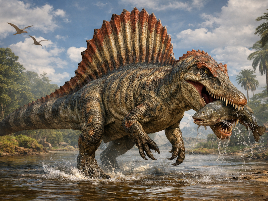 Illustration Spinosaurus mirabilis mit Fisch.