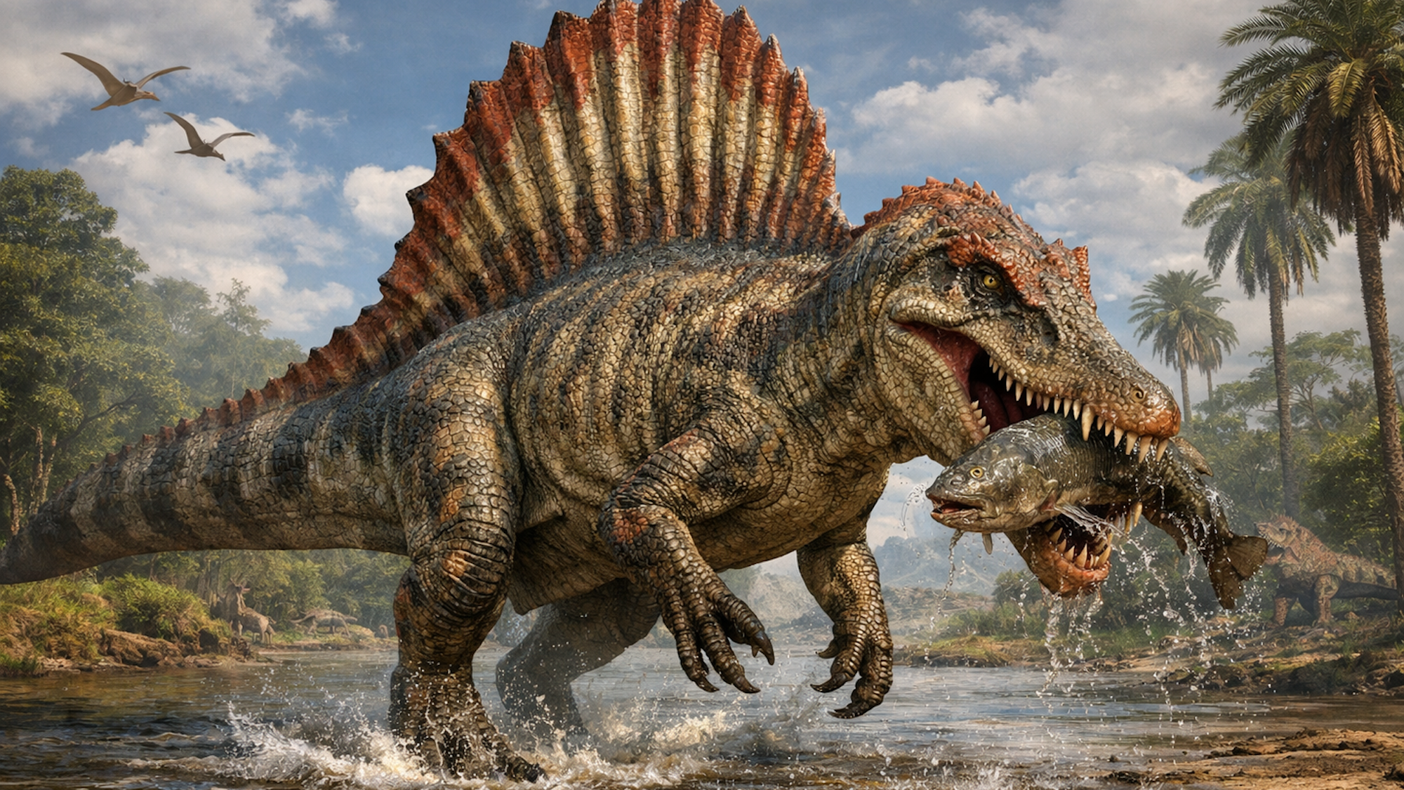 Illustration Spinosaurus mirabilis mit Fisch.