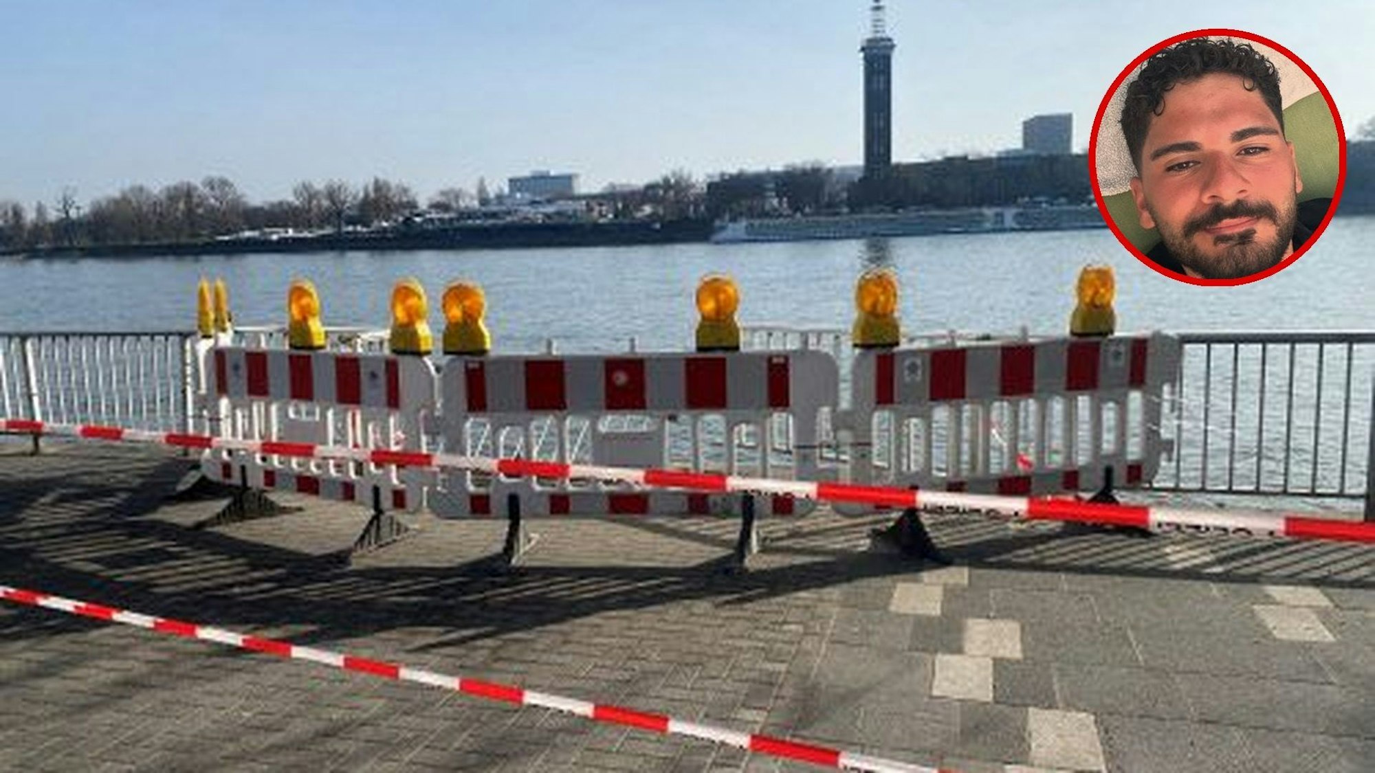 Absperr-Barken sichern eine Unfallstelle am Kölner Rheinufer