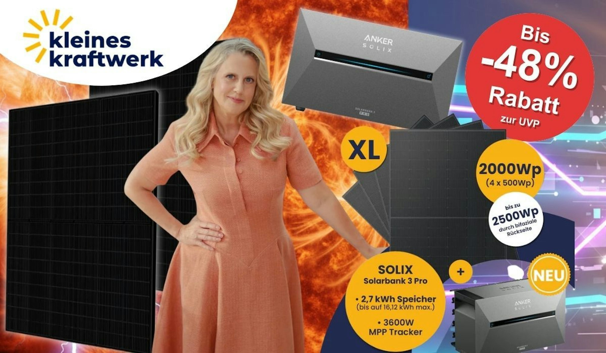 Kleines Kraftwerk Balkonkraftwerk mit Anker Solix Solarbank 3 Pro und Solar-Panelen vor Glutfeuer der Sonne. Im Vordergrund Barbara Schöneberger zusammen mit den Balkonkraftwerken.