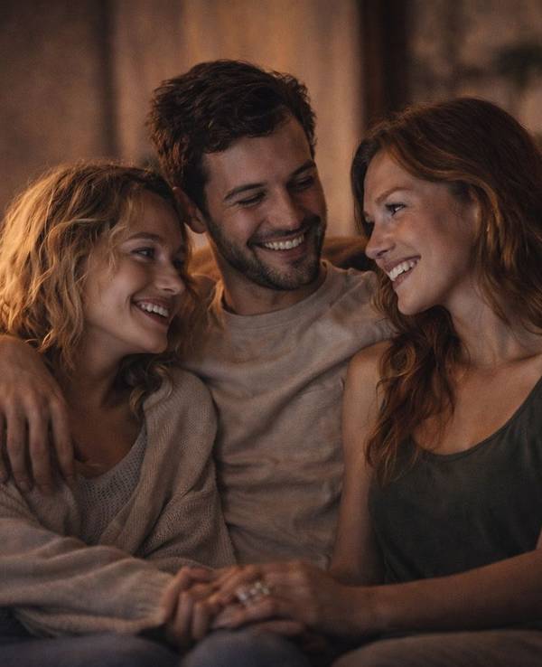 Ein Mann und zwei Frauen umarmen sich und lächeln sich an.