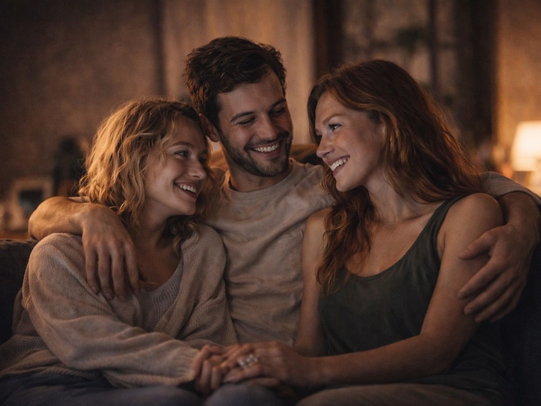 Ein Mann und zwei Frauen umarmen sich und lächeln sich an.