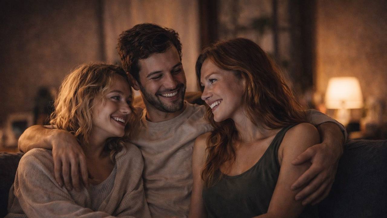 Ein Mann und zwei Frauen umarmen sich und lächeln sich an.