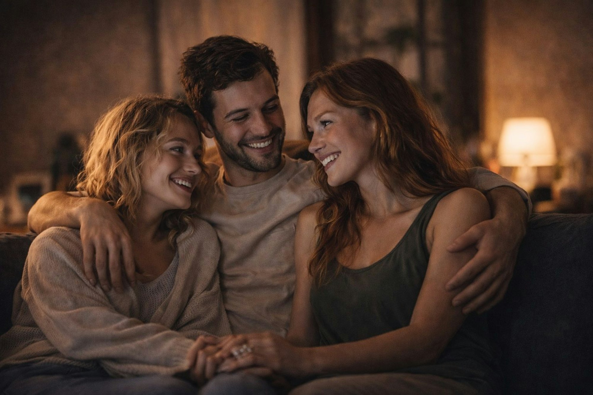 Ein Mann und zwei Frauen umarmen sich und lächeln sich an.