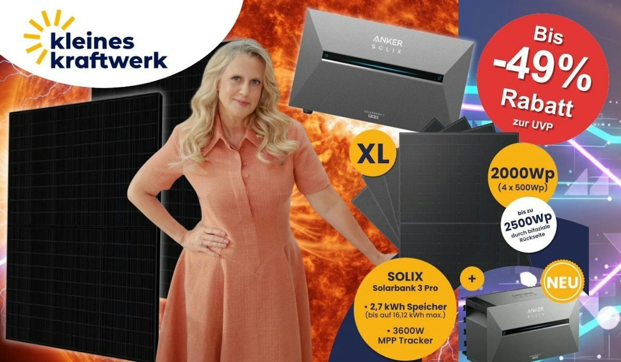 Kleines Kraftwerk Balkonkraftwerk mit Anker Solix Solarbank 3 Pro und Solar-Panelen vor Sonnenfeuer. Im Vordergrund Barbara Schöneberger zusammen mit den Balkonkraftwerken.