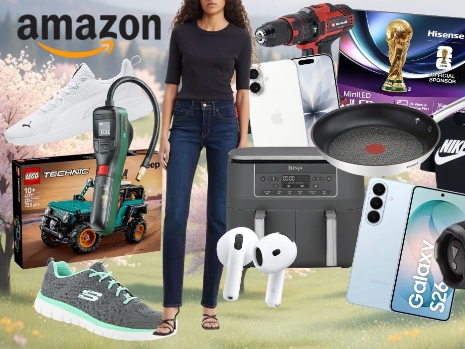 Produkte vor einer frühlingshaften Landschaft im Hintergrund. Produkte wie Einhell Akkuschrauber, Skechers Sneaker, Apple AirPods 4, Lego Technic Jeep, Nike Shirt, Apple iPhone, Samsung Galaxy S26, JBL Box, Levi's Jeans, Blink Kamera, Puma Sneaker, Tefal Pfanne.