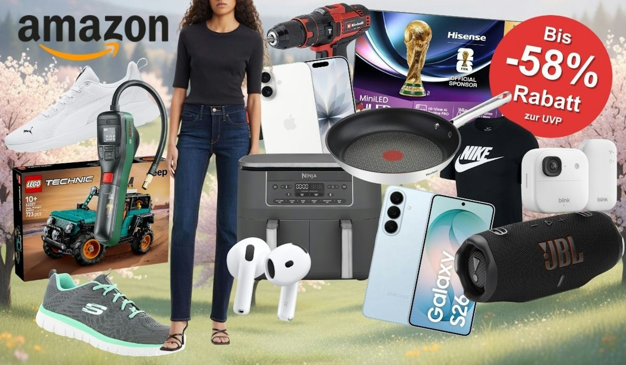 Produkte vor einer frühlingshaften Landschaft im Hintergrund. Produkte wie Einhell Akkuschrauber, Skechers Sneaker, Apple AirPods 4, Lego Technic Jeep, Nike Shirt, Apple iPhone, Samsung Galaxy S26, JBL Box, Levi's Jeans, Blink Kamera, Puma Sneaker, Tefal Pfanne.