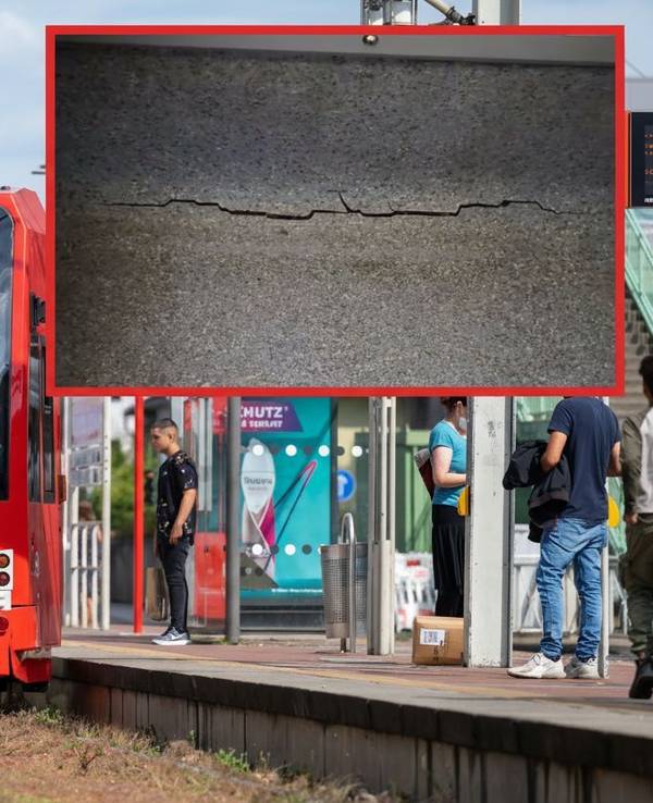 Ein solcher Riss wurde im Boden einer KVB-Linie 1 entdeckt.