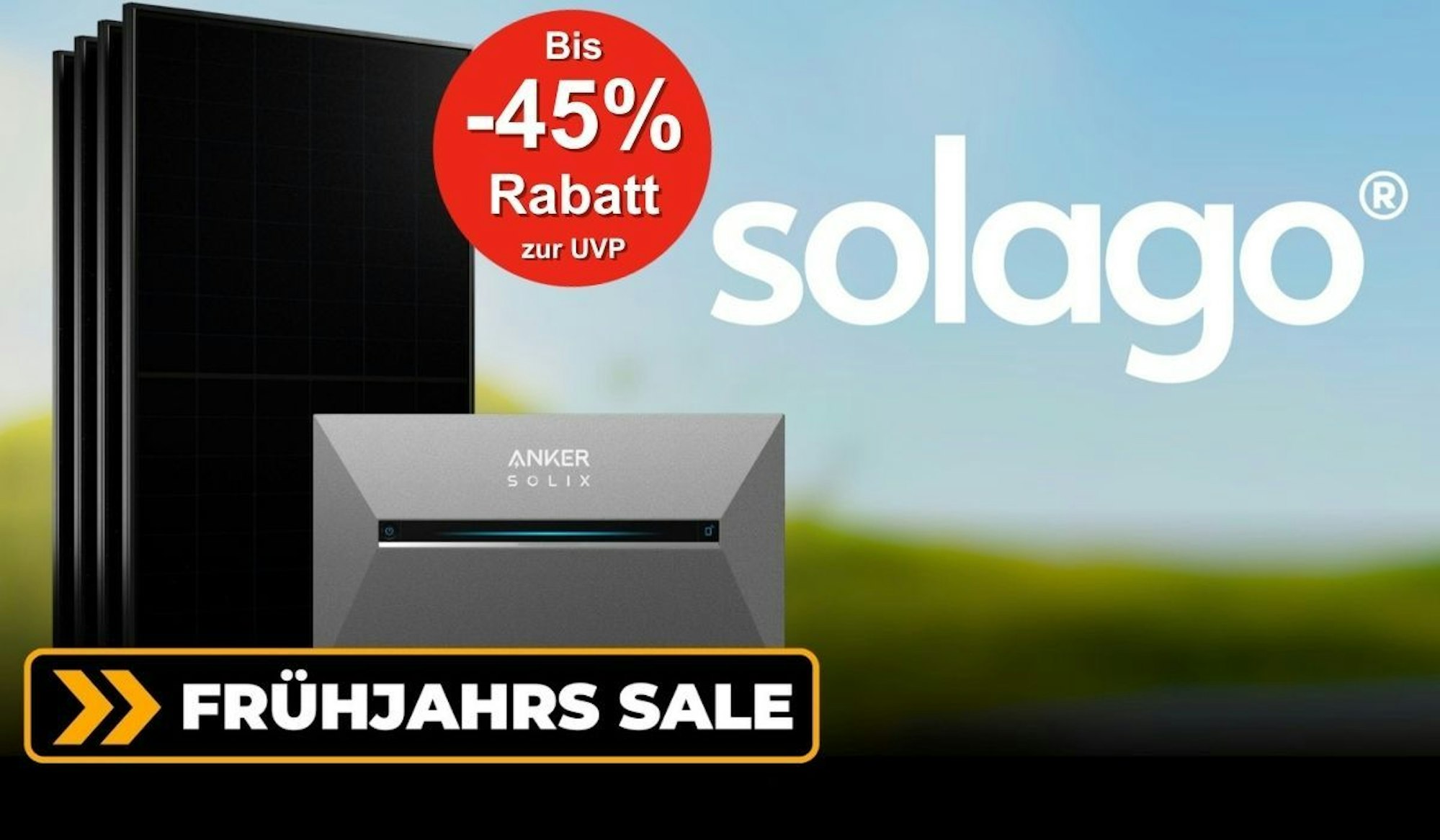 Vor einer grünen Wiese und einem hellblauen Himmel steht ein Balkonkraftwerk bestehend aus AIKO Solarpanelen und einem Anker Solix 3 Pro Speicher.