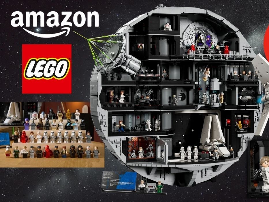 Lego Star Wars Todesstern (75419) mit Lego-Star-Wars-Minifiguren und imperialem Shuttle vor einem Sternen-Hintergrund.