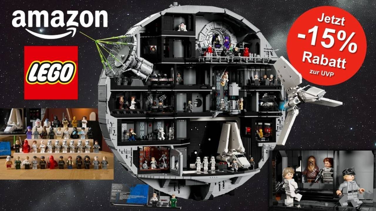 Lego Star Wars Todesstern (75419) mit Lego-Star-Wars-Minifiguren und imperialem Shuttle vor einem Sternen-Hintergrund.