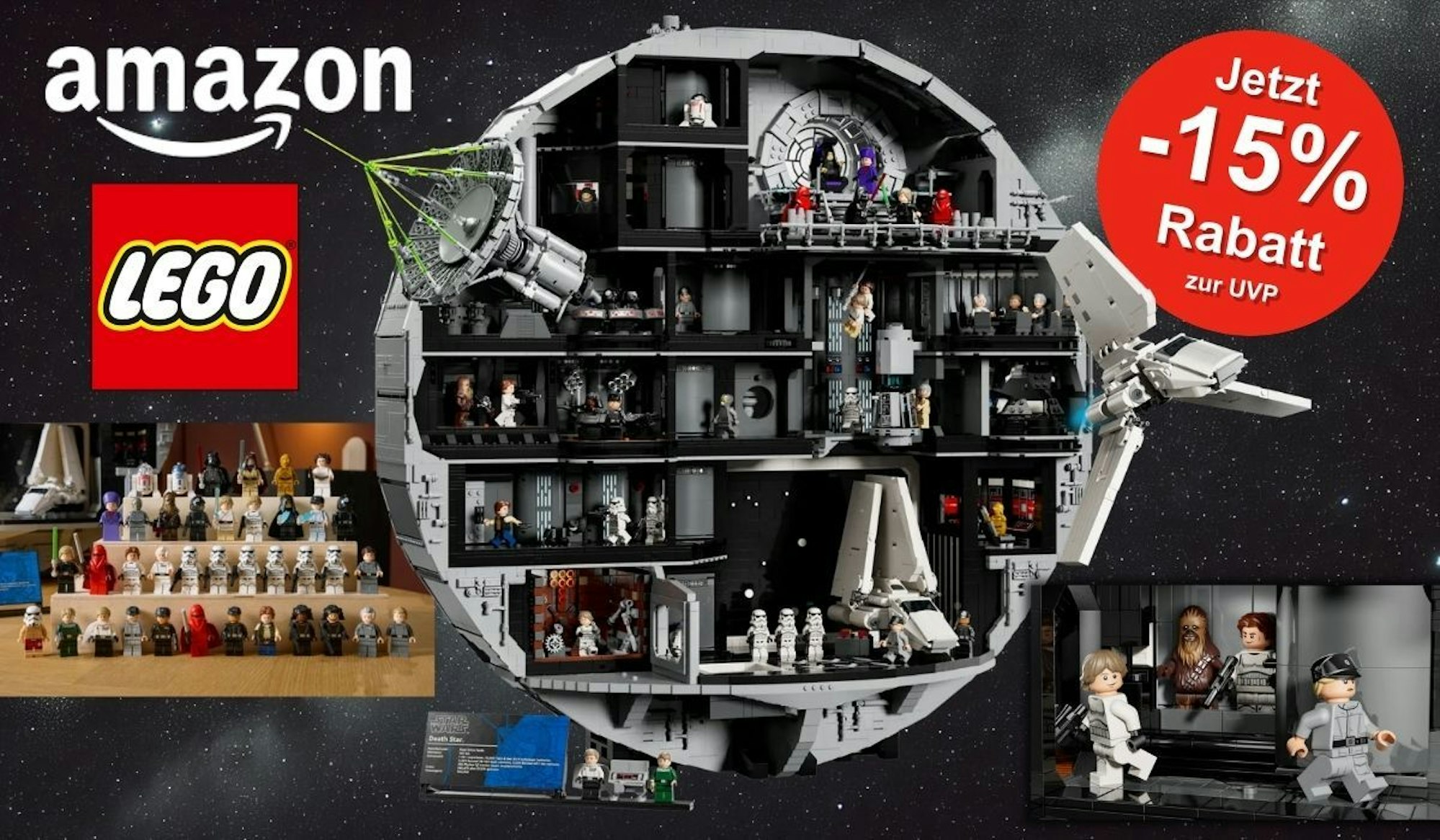 Lego Star Wars Todesstern (75419) mit Lego-Star-Wars-Minifiguren und imperialem Shuttle vor einem Sternen-Hintergrund.