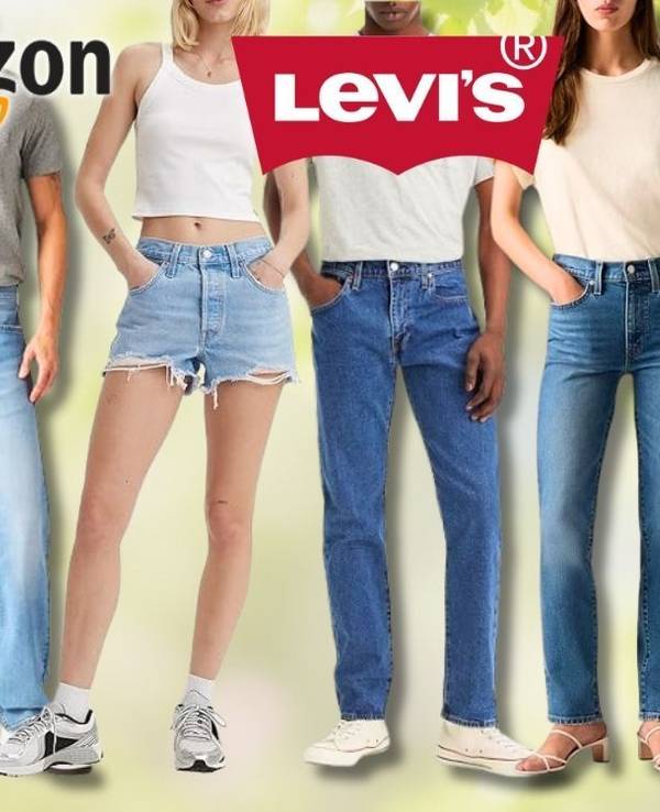 Amazon Frühlingsangebote 2026: Levi's Mode-Kollage mit fünf Models in verschiedenen Jeans-Styles – darunter Slim-Fit-Jeans, Denim-Shorts und Straight-Leg-Jeans für Damen und Herren sowie ein schwarzer Hoodie mit Shorts, vor einem frühlingshaften grünen Hintergrund – mit bis zu 65 % Rabatt zur UVP.