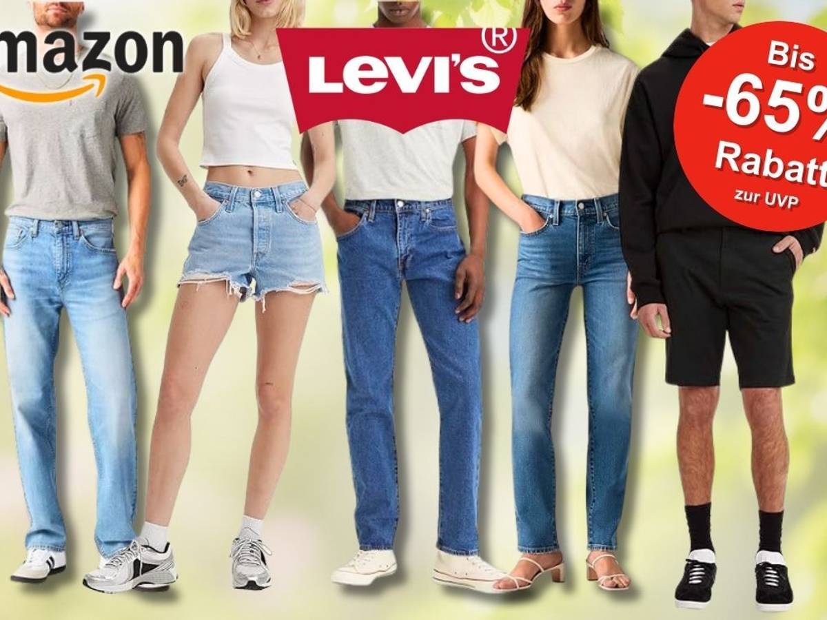 Amazon Frühlingsangebote 2026: Levi's Mode-Kollage mit fünf Models in verschiedenen Jeans-Styles – darunter Slim-Fit-Jeans, Denim-Shorts und Straight-Leg-Jeans für Damen und Herren sowie ein schwarzer Hoodie mit Shorts, vor einem frühlingshaften grünen Hintergrund – mit bis zu 65 % Rabatt zur UVP.