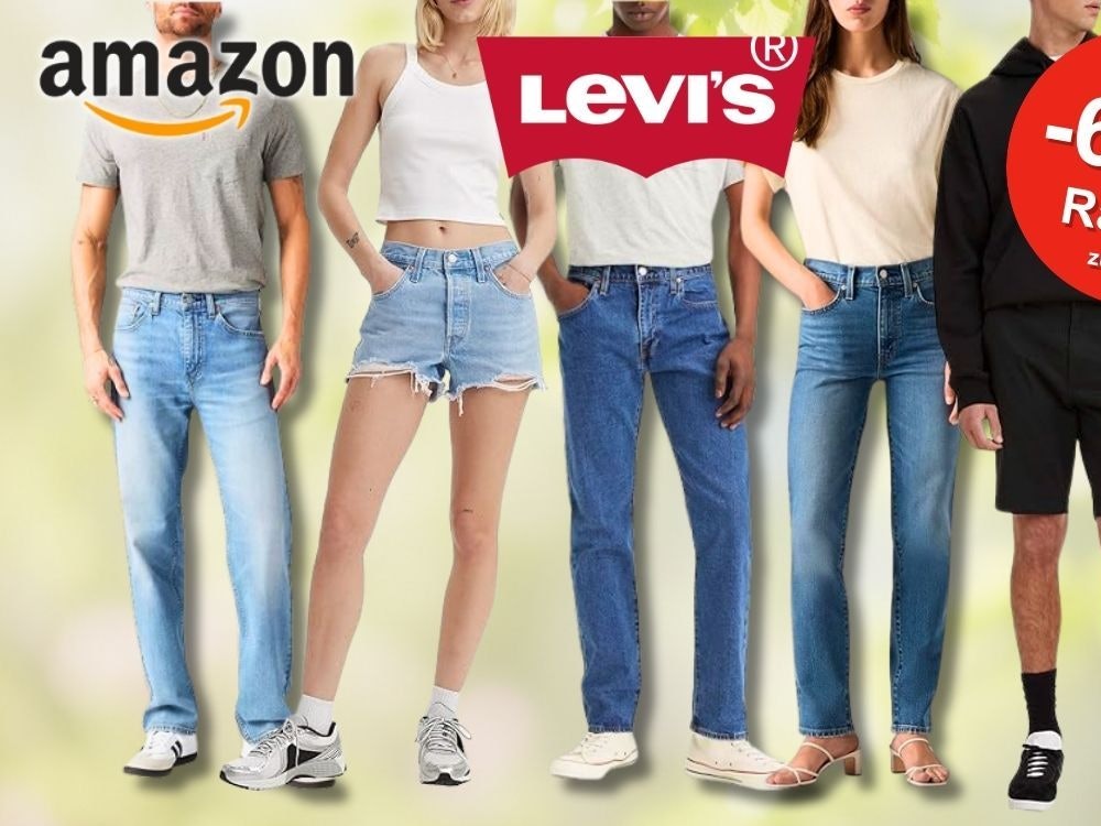Amazon Frühlingsangebote 2026: Levi's Mode-Kollage mit fünf Models in verschiedenen Jeans-Styles – darunter Slim-Fit-Jeans, Denim-Shorts und Straight-Leg-Jeans für Damen und Herren sowie ein schwarzer Hoodie mit Shorts, vor einem frühlingshaften grünen Hintergrund – mit bis zu 65 % Rabatt zur UVP.