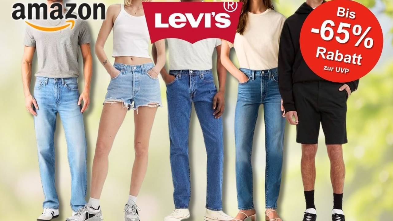 Amazon Frühlingsangebote 2026: Levi's Mode-Kollage mit fünf Models in verschiedenen Jeans-Styles – darunter Slim-Fit-Jeans, Denim-Shorts und Straight-Leg-Jeans für Damen und Herren sowie ein schwarzer Hoodie mit Shorts, vor einem frühlingshaften grünen Hintergrund – mit bis zu 65 % Rabatt zur UVP.