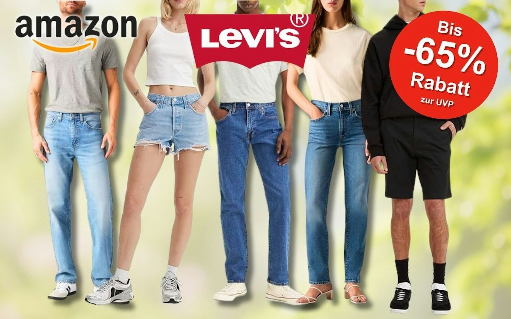 Amazon Frühlingsangebote 2026: Levi's Mode-Kollage mit fünf Models in verschiedenen Jeans-Styles – darunter Slim-Fit-Jeans, Denim-Shorts und Straight-Leg-Jeans für Damen und Herren sowie ein schwarzer Hoodie mit Shorts, vor einem frühlingshaften grünen Hintergrund – mit bis zu 65 % Rabatt zur UVP.