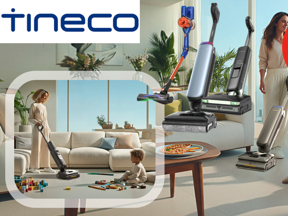 Eine Frau die in einem hellen Wohnzimmer mit einem Tineco-Bodenreiniger saugt/wischt, während ein Hund entspannt auf dem Teppich liegt und ein weiteres Bild mit einer Frau die Staubsaugt während ein kleines Kind mit Spielzeug am Boden sitzt.