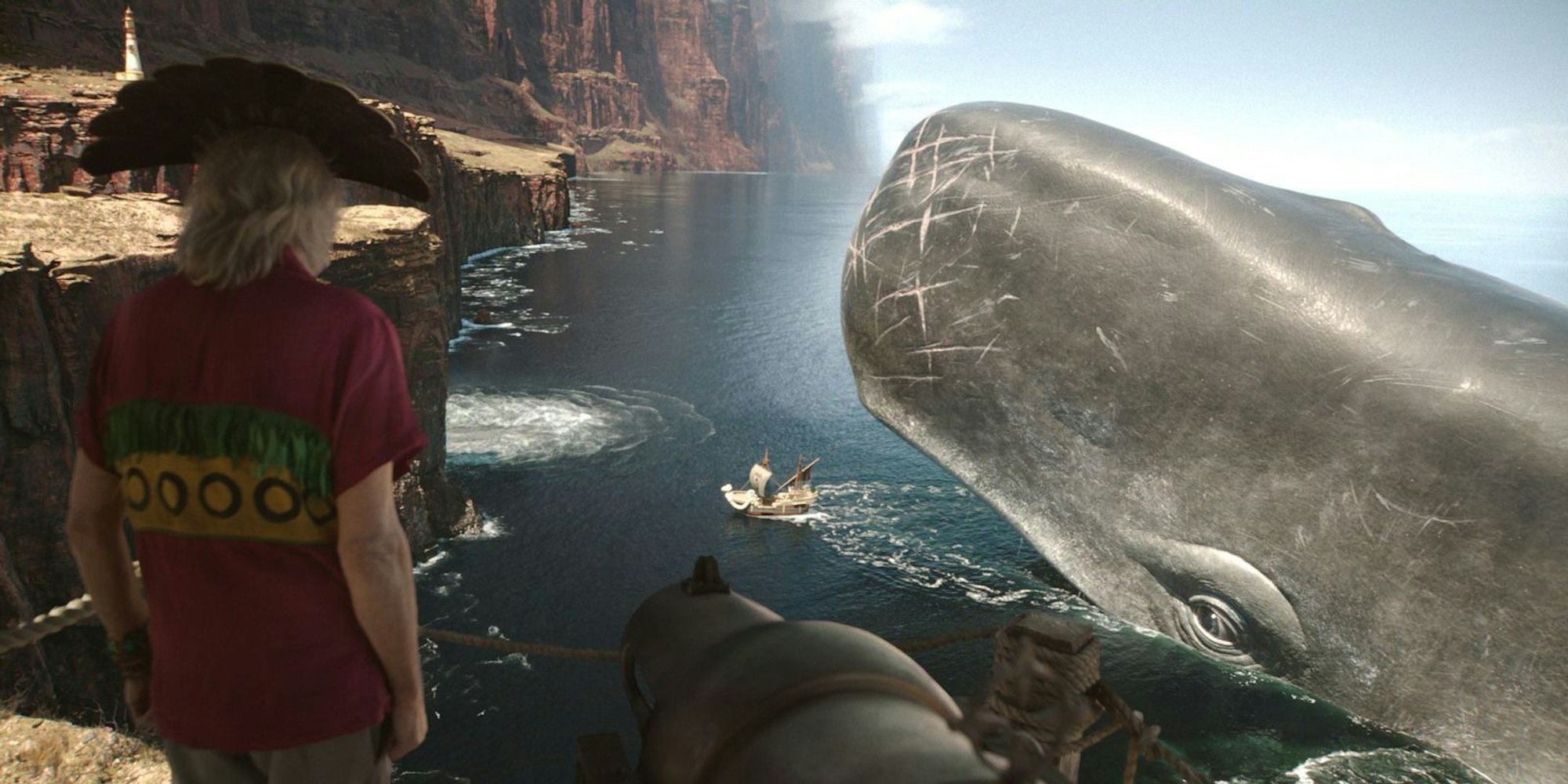 Beim Eintritt in die Grand Line treffen die Strohhut-Piraten auf den traurigen Riesenwal La Boum und den Arzt Krokus (Clive Russell). (Bild: © Netflix)