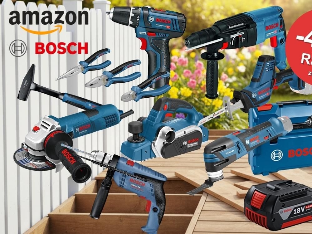 Collage mit Bosch Professional Werkzeug – darunter Akkuschrauber, Bohrhammer, Winkelschleifer, Hobel, Säbelsäge, Multifunktionswerkzeug, Zangen und ein 18V-Akku – präsentiert vor einem frühlingshaften Garten-Hintergrund mit weißem Holzzaun und blühenden Blumen.