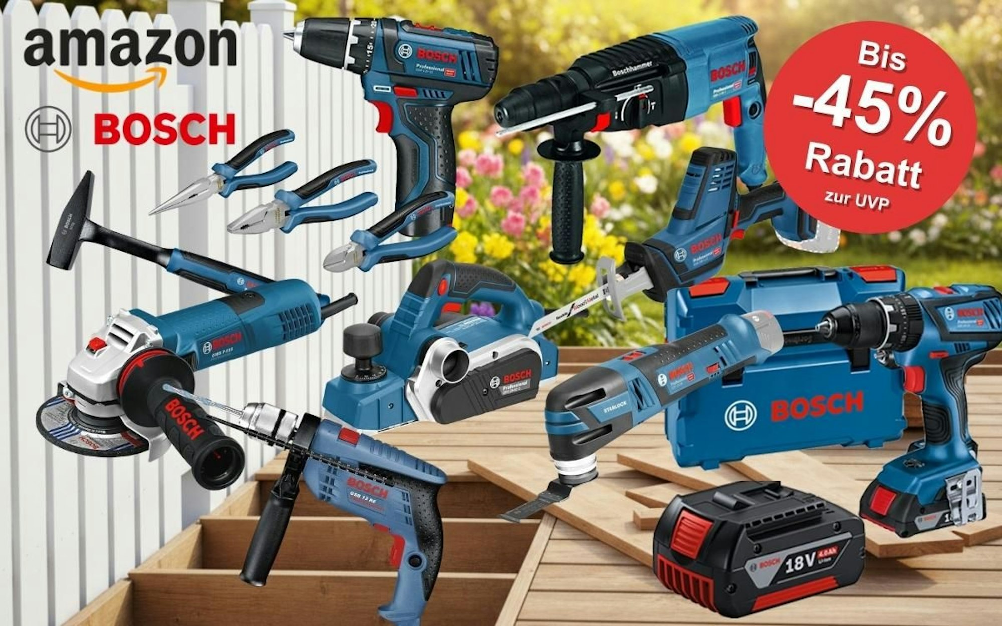 Collage mit Bosch Professional Werkzeug – darunter Akkuschrauber, Bohrhammer, Winkelschleifer, Hobel, Säbelsäge, Multifunktionswerkzeug, Zangen und ein 18V-Akku – präsentiert vor einem frühlingshaften Garten-Hintergrund mit weißem Holzzaun und blühenden Blumen.