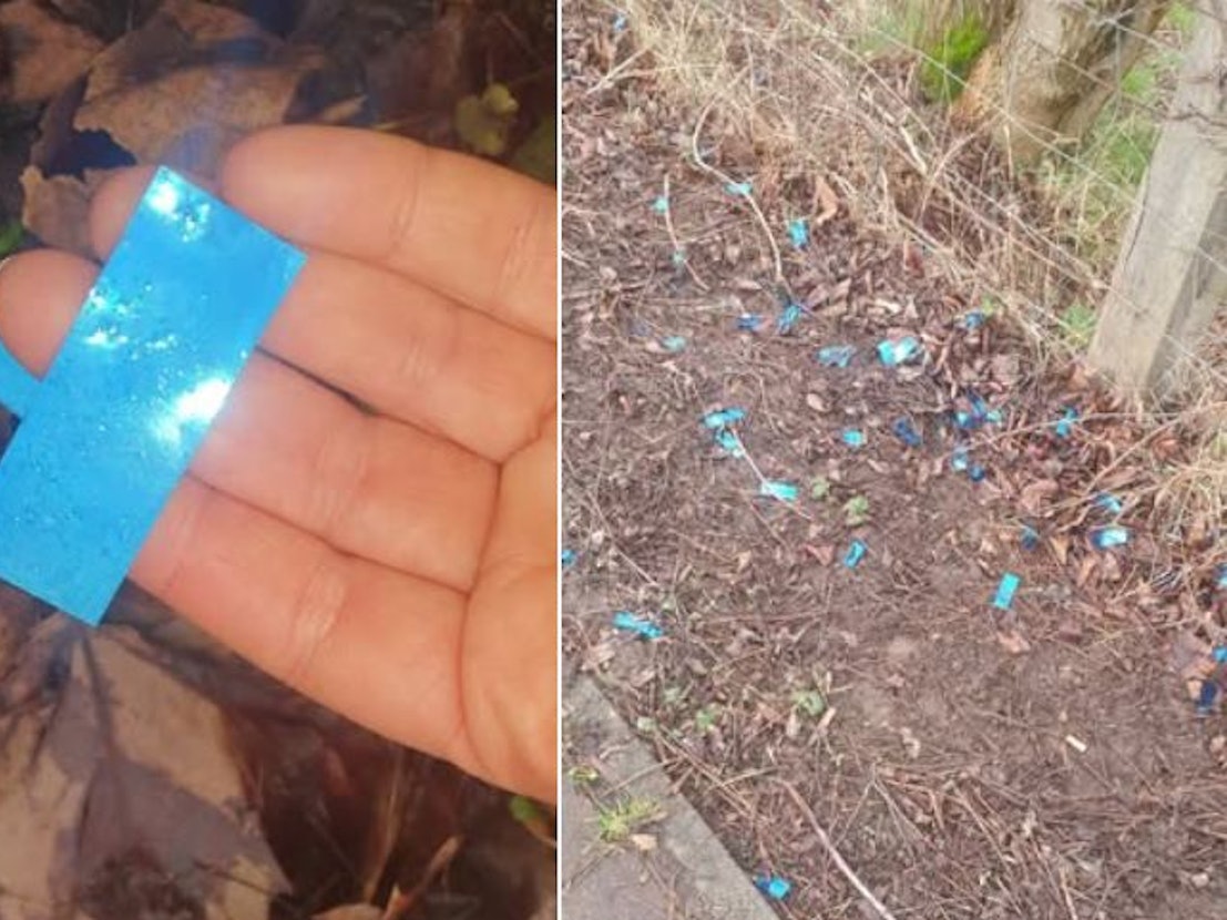 Am Zugweg in Köln-Merheim liegt immer noch Kunststoffkonfetti.