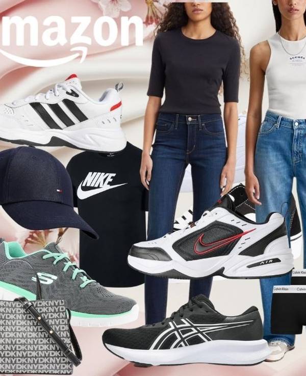 Mode, Schuhe und Sneaker Artikel in den Amazon Frühlingsangeboten von vielen Marken wie Nike, Adidas, On, Levi's, Tommy Hilfiger, Puma, Boss, New Balance, Skechers und Calvin Klein. Im Hintergrund Deko-Elemente und mehr.