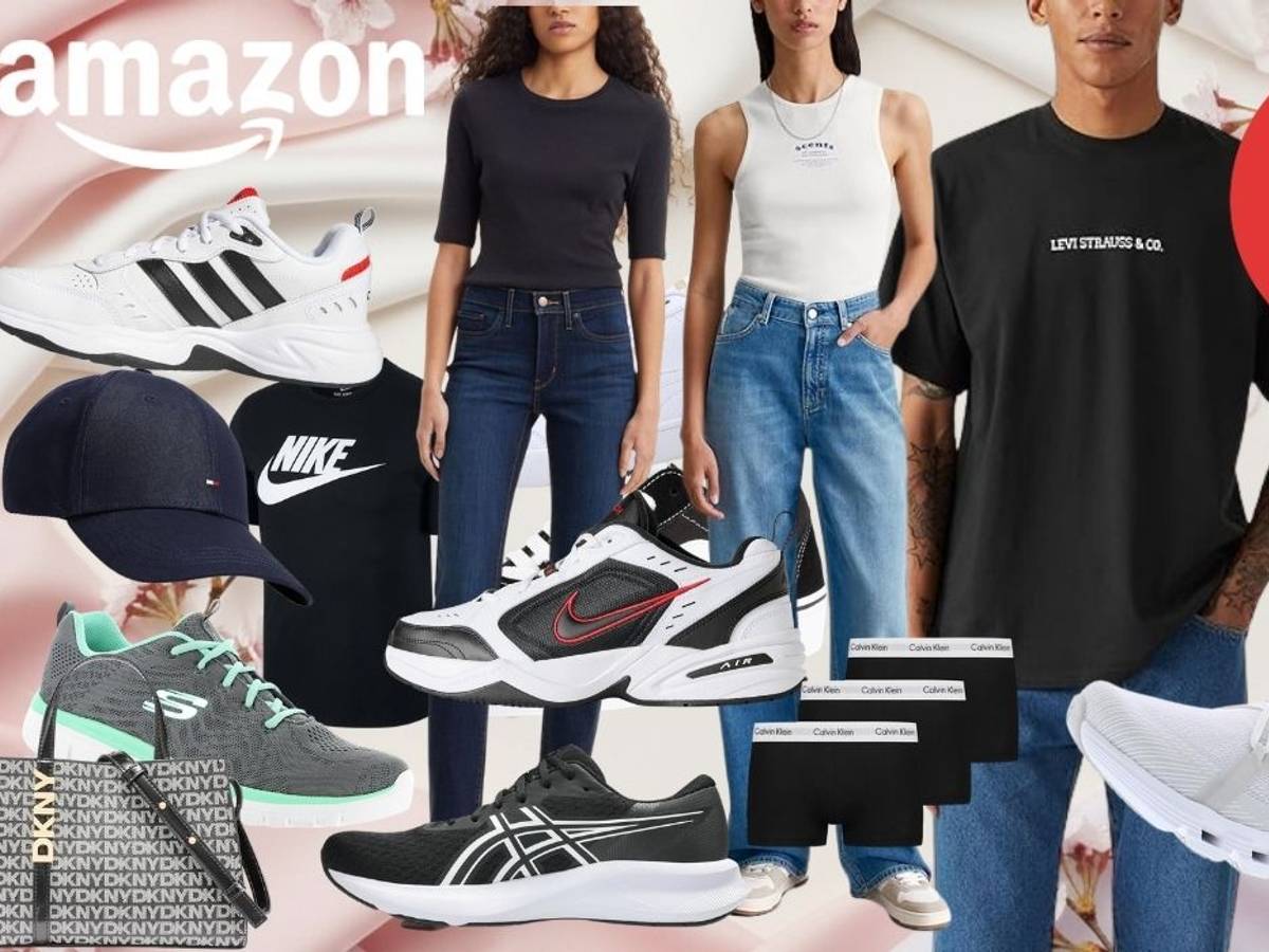 Mode, Schuhe und Sneaker Artikel in den Amazon Frühlingsangeboten von vielen Marken wie Nike, Adidas, On, Levi's, Tommy Hilfiger, Puma, Boss, New Balance, Skechers und Calvin Klein. Im Hintergrund Deko-Elemente und mehr.