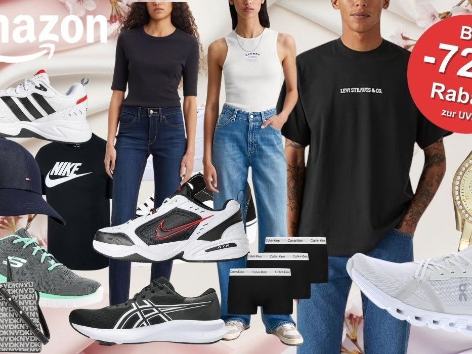 Mode, Schuhe und Sneaker Artikel in den Amazon Frühlingsangeboten von vielen Marken wie Nike, Adidas, On, Levi's, Tommy Hilfiger, Puma, Boss, New Balance, Skechers und Calvin Klein. Im Hintergrund Deko-Elemente und mehr.
