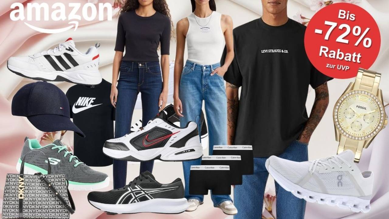 Mode, Schuhe und Sneaker Artikel in den Amazon Frühlingsangeboten von vielen Marken wie Nike, Adidas, On, Levi's, Tommy Hilfiger, Puma, Boss, New Balance, Skechers und Calvin Klein. Im Hintergrund Deko-Elemente und mehr.