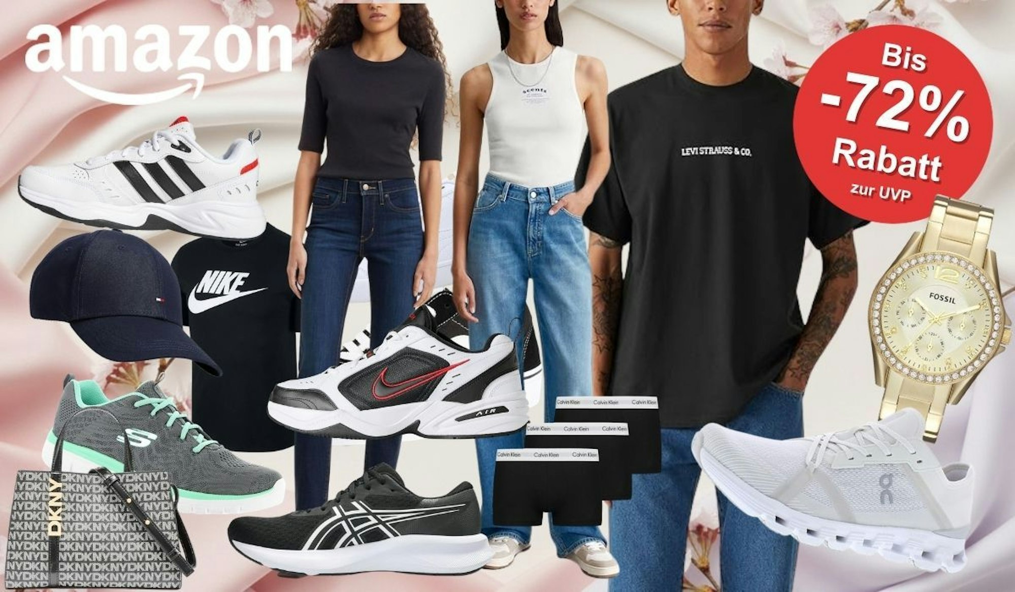 Mode, Schuhe und Sneaker Artikel in den Amazon Frühlingsangeboten von vielen Marken wie Nike, Adidas, On, Levi's, Tommy Hilfiger, Puma, Boss, New Balance, Skechers und Calvin Klein. Im Hintergrund Deko-Elemente und mehr.