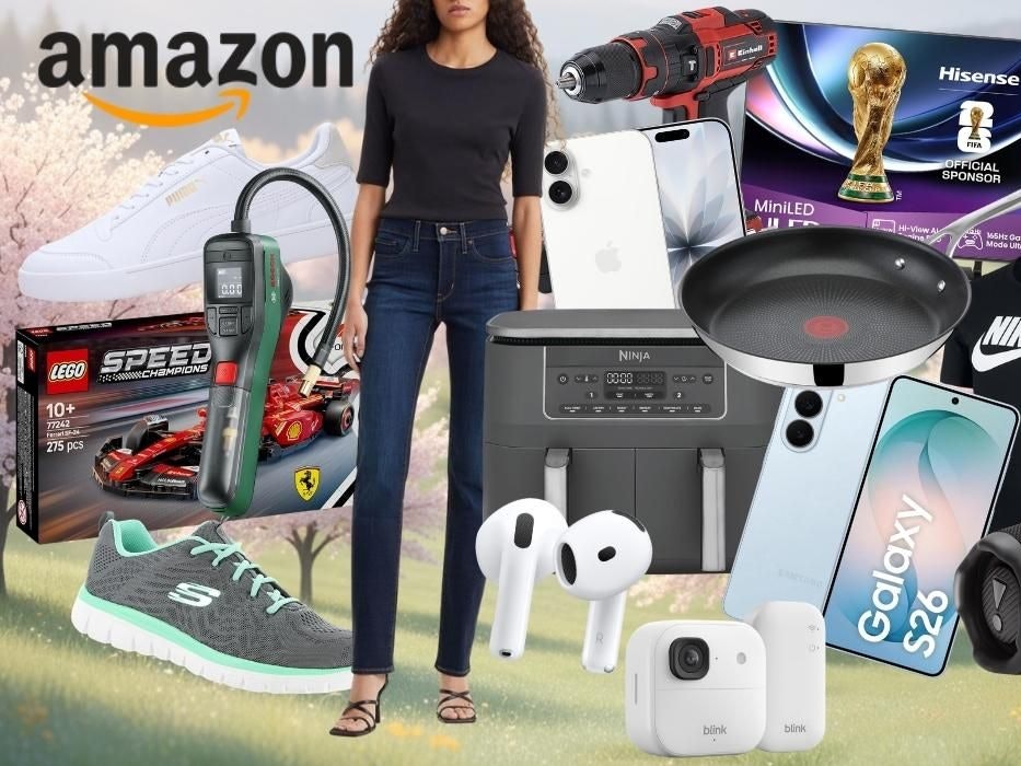 Produkte vor einer blühenden Frühlingslandschaft mit Bäumen im Hintergrund. Produkte wie Amazon Echo Dot Max, Einhell Akkuschrauber, Skechers Sneaker, Apple AirPods 4, Lego Technic Jeep, Nike Shirt, Apple iPhone, Samsung Galaxy S26, JBL Box, Levi's Jeans, Blink Kamera, Puma Sneaker, Tefal Pfanne.