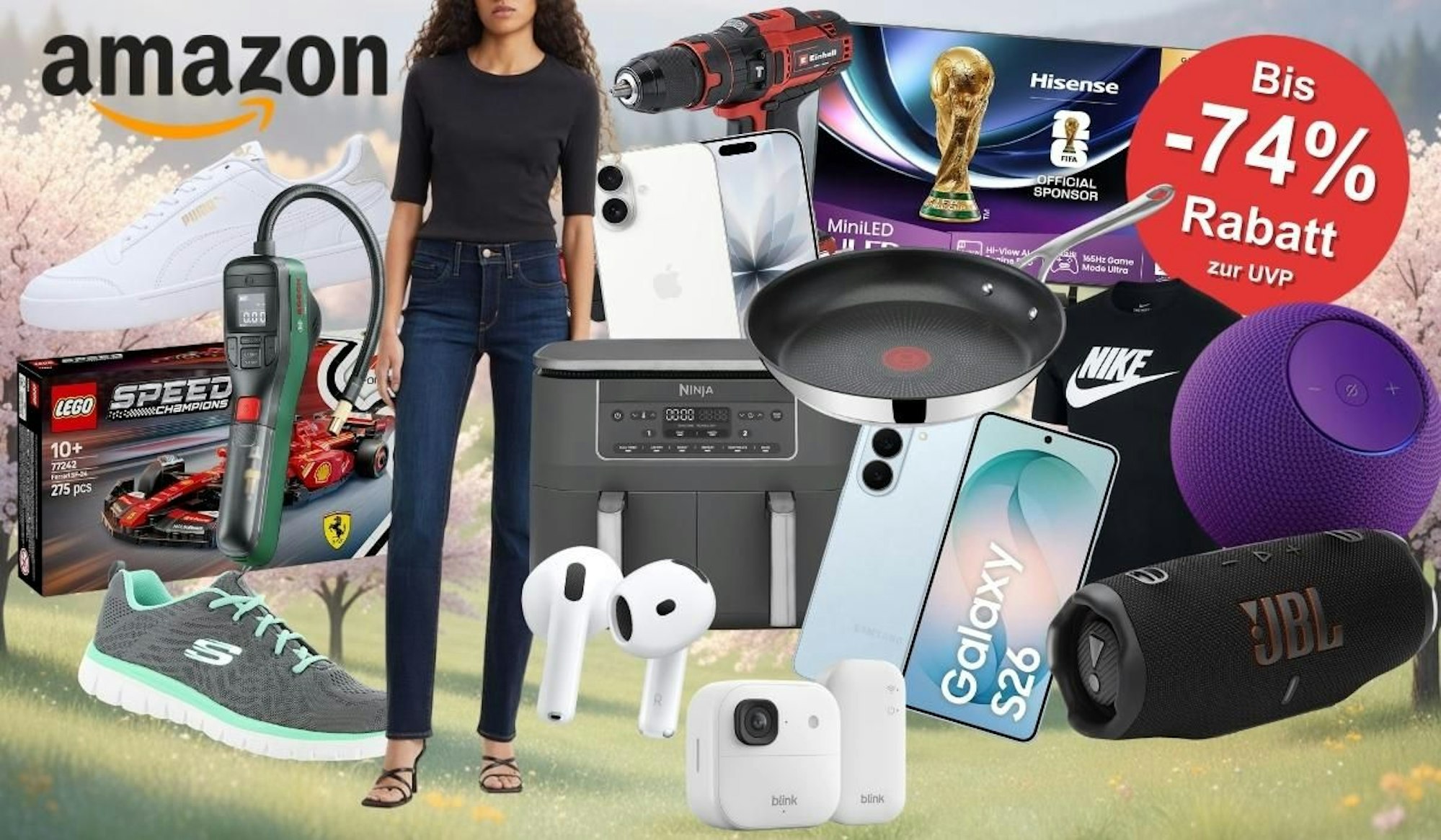 Produkte vor einer blühenden Frühlingslandschaft mit Bäumen im Hintergrund. Produkte wie Amazon Echo Dot Max, Einhell Akkuschrauber, Skechers Sneaker, Apple AirPods 4, Lego Technic Jeep, Nike Shirt, Apple iPhone, Samsung Galaxy S26, JBL Box, Levi's Jeans, Blink Kamera, Puma Sneaker, Tefal Pfanne.