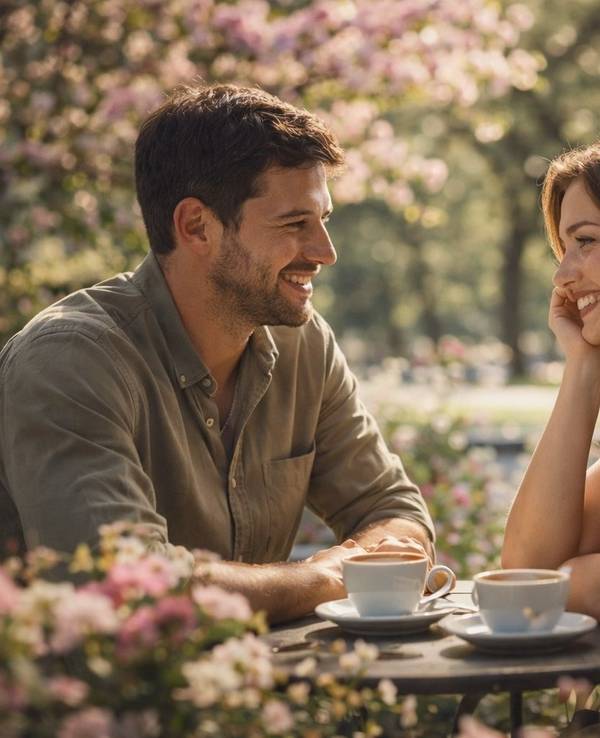 Junger Mann und junge Frau sitzen beim Kaffee an einem Tisch zwischen blühenden Bäumen.