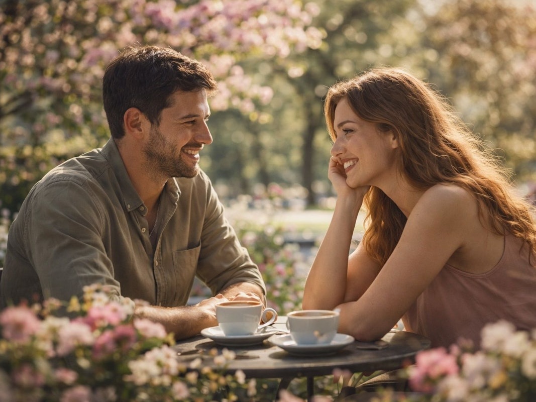 Junger Mann und junge Frau sitzen beim Kaffee an einem Tisch zwischen blühenden Bäumen.