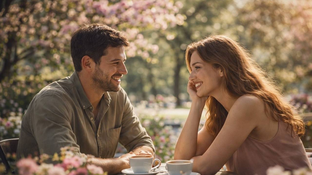 Junger Mann und junge Frau sitzen beim Kaffee an einem Tisch zwischen blühenden Bäumen.