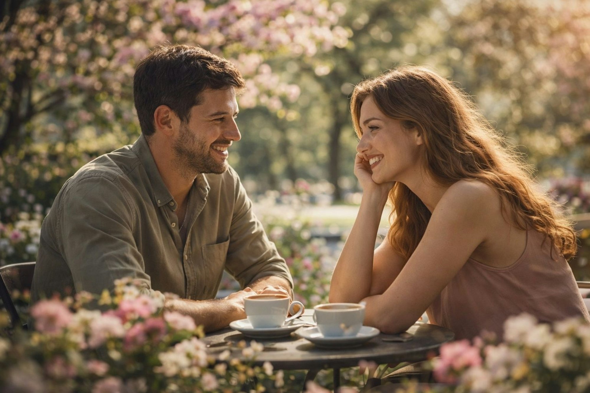 Junger Mann und junge Frau sitzen beim Kaffee an einem Tisch zwischen blühenden Bäumen.