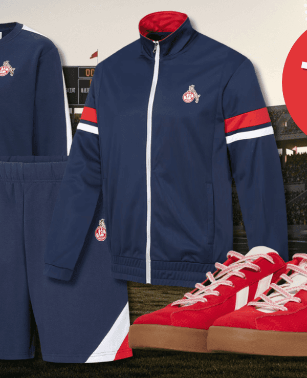 Produktbilder der neuen FC Retro Kollektion vor einem Stadion Hintergrund.