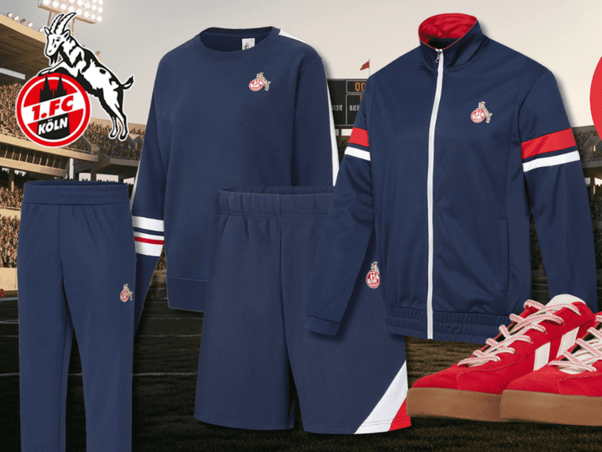 Produktbilder der neuen FC Retro Kollektion vor einem Stadion Hintergrund.