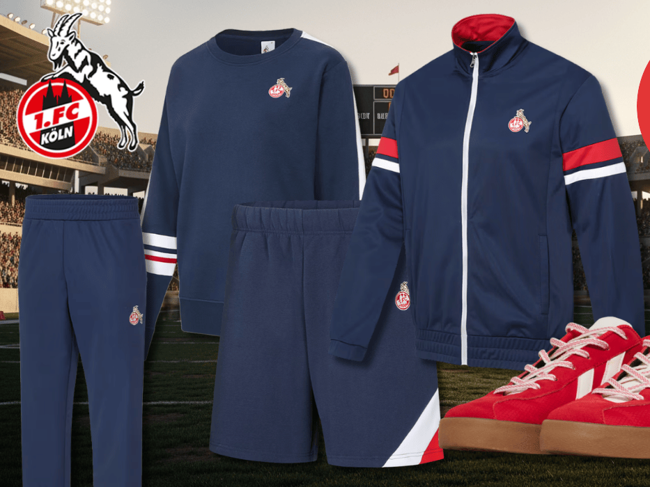 Produktbilder der neuen FC Retro Kollektion vor einem Stadion Hintergrund.