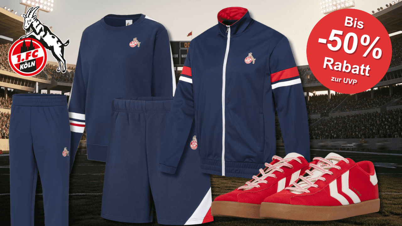 Produktbilder der neuen FC Retro Kollektion vor einem Stadion Hintergrund.