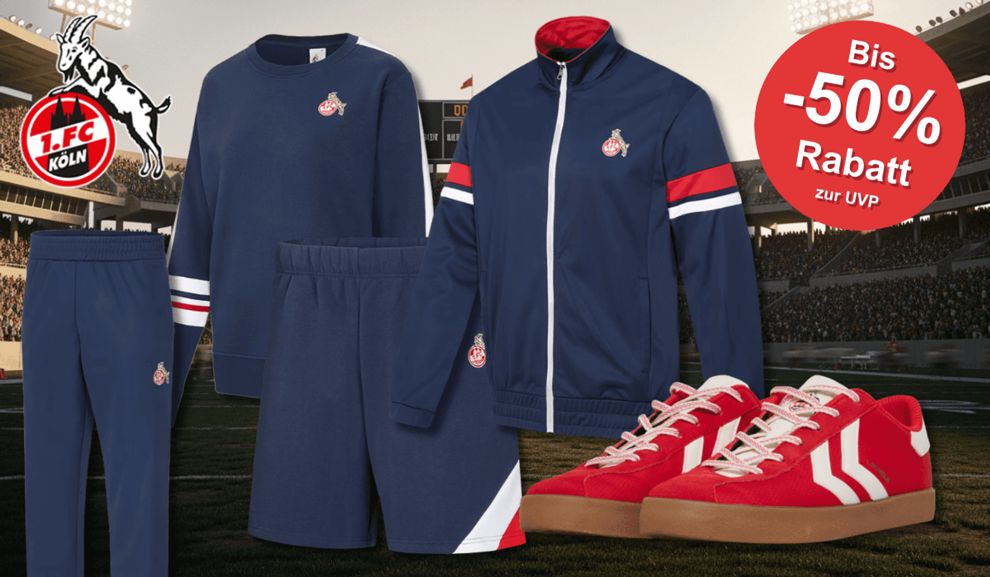 Produktbilder der neuen FC Retro Kollektion vor einem Stadion Hintergrund.