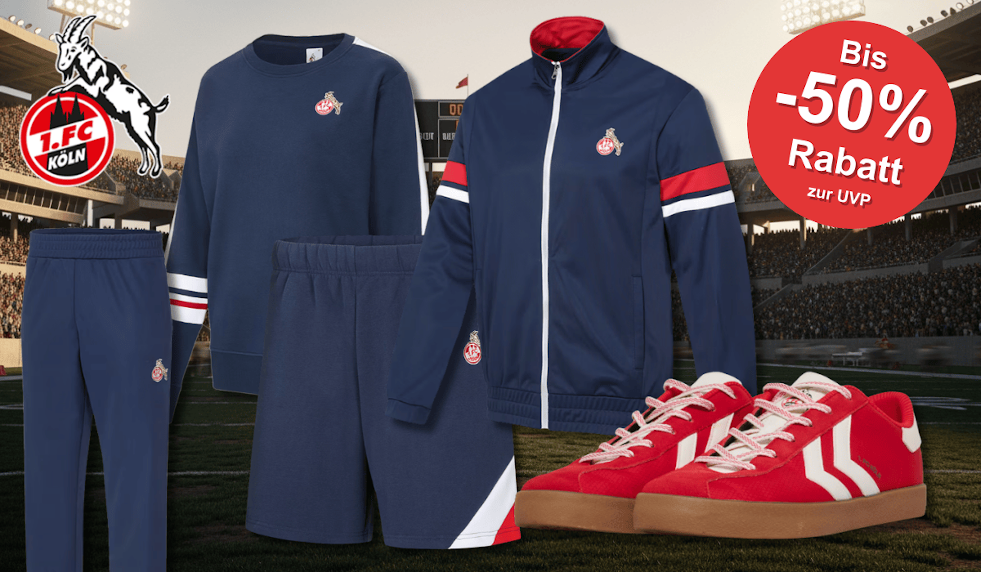 Produktbilder der neuen FC Retro Kollektion vor einem Stadion Hintergrund.