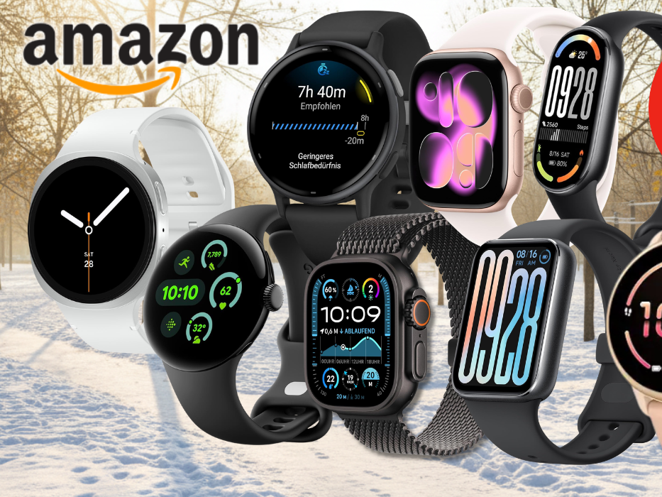 Smartwatches von Apple, Samsung, Garmin, Google, Xiaomi vor einem Stadtpark mit Schneedecke an einem sonnigen Wintermittag.