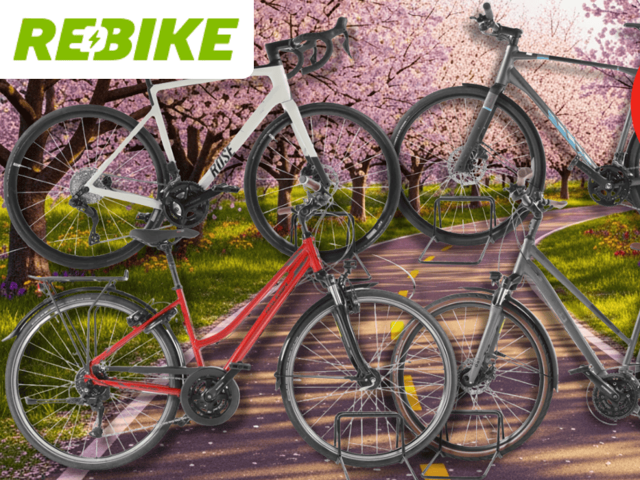 4 Fahrräder vor einem Radweg im Frühling mit blühenden Bäumen.