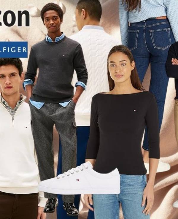 Collage mit Tommy Hilfiger Mode für Damen und Herren – darunter Strickpullover in Weiß, Grau und Navy, Jeans, Chinos, ein schwarzes Langarmshirt, eine Zip-Jacke sowie weiße Tommy Hilfiger Sneaker – mit bis zu 63 % Rabatt zur UVP, präsentiert vor einem warmen, pastellfarbenen Stoffhintergrund.