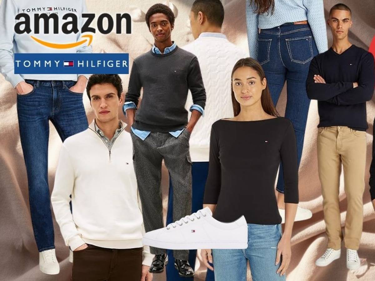 Collage mit Tommy Hilfiger Mode für Damen und Herren – darunter Strickpullover in Weiß, Grau und Navy, Jeans, Chinos, ein schwarzes Langarmshirt, eine Zip-Jacke sowie weiße Tommy Hilfiger Sneaker – mit bis zu 63 % Rabatt zur UVP, präsentiert vor einem warmen, pastellfarbenen Stoffhintergrund.